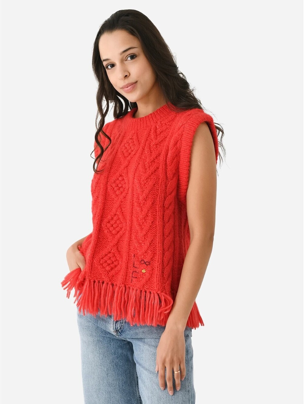 Lingua Franca Mavis Red Cable Knit Sleeveless Sweater Vest Fringe alpaca merino